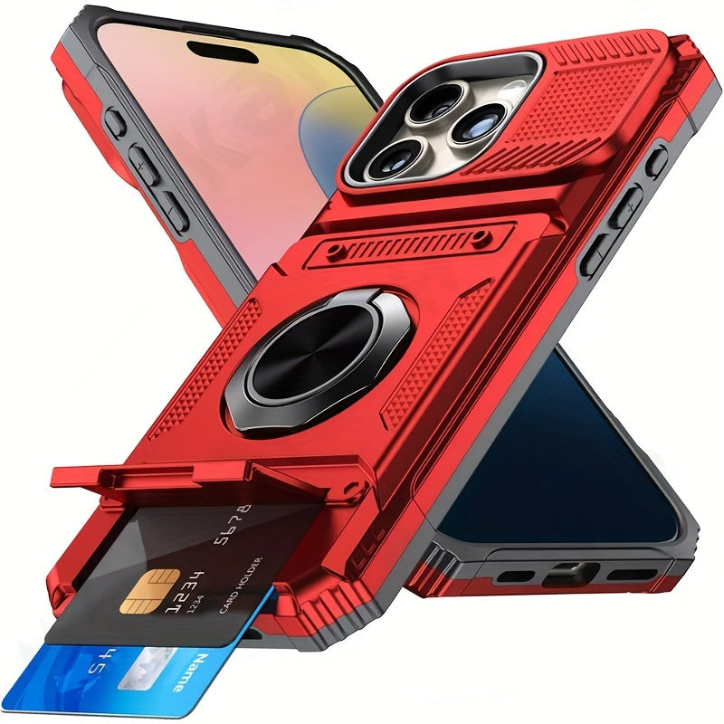 Heavy Duty Phone Case with Metal Stand and Card Slot for iPhone 16 Pro Max 15 Pro Max 14 Pro Max