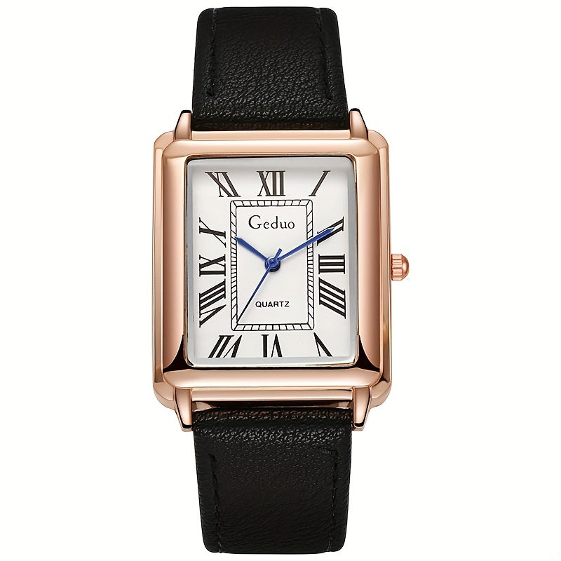 Men's Square Quartz Watch with Roman Numerals and Leather Strap