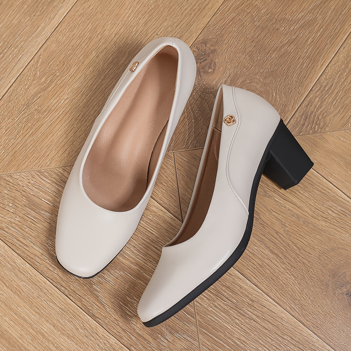 Women's Black Faux Leather Square Toe Pumps with Buckle, Mid-Chunky Heel