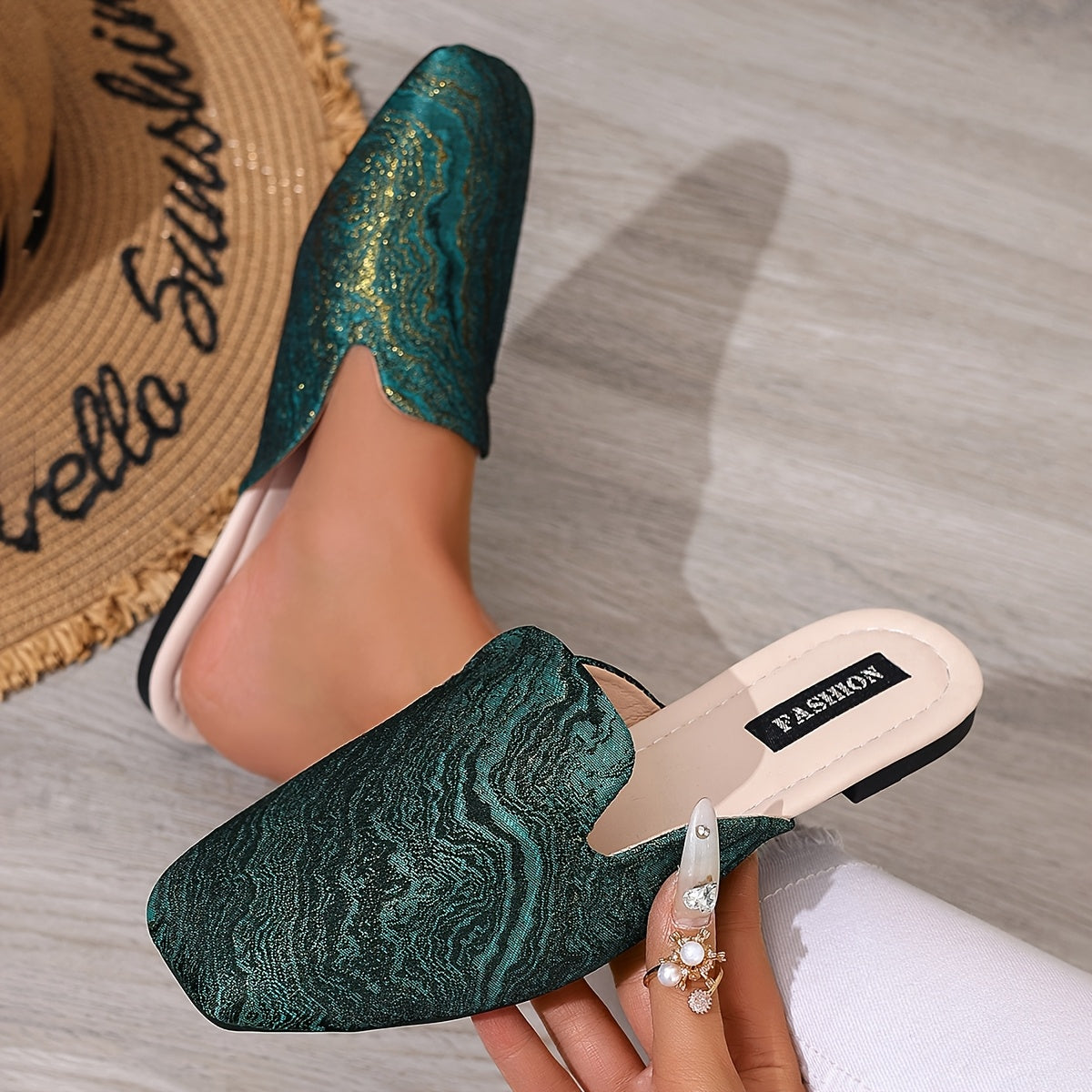 Women’s Green Glitter Slip-On Flat Shoes Casual Square Toe TPR Sole