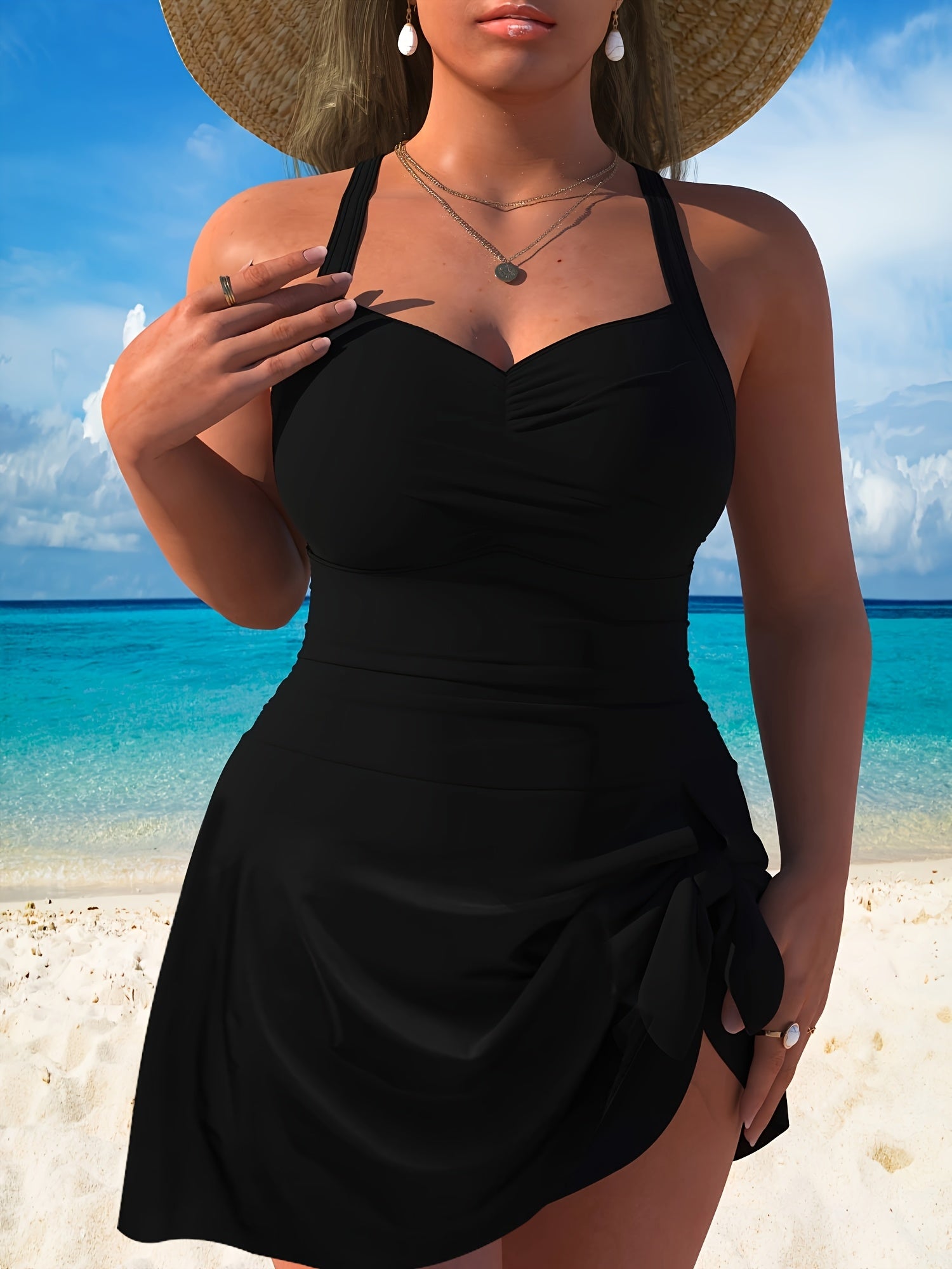 Conjunto de bañador para mujer de talla grande en negro, con alta elasticidad de nylon, apto para lavadora