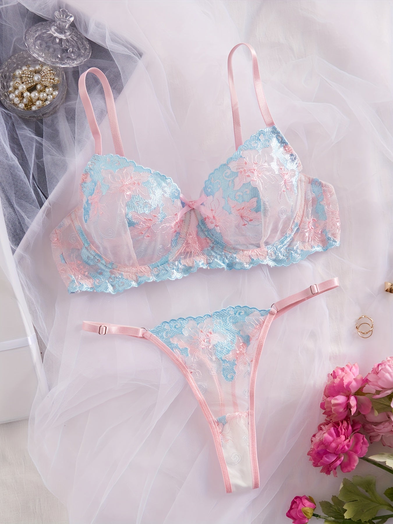 Women's Floral Lace Lingerie Set Bra and Thong Sexy Intimates Underwear