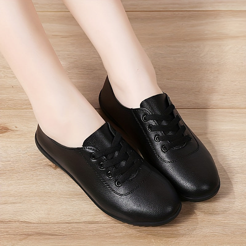 Zapatos planos de cuero sintético para mujer con cordones, ligeros y cómodos