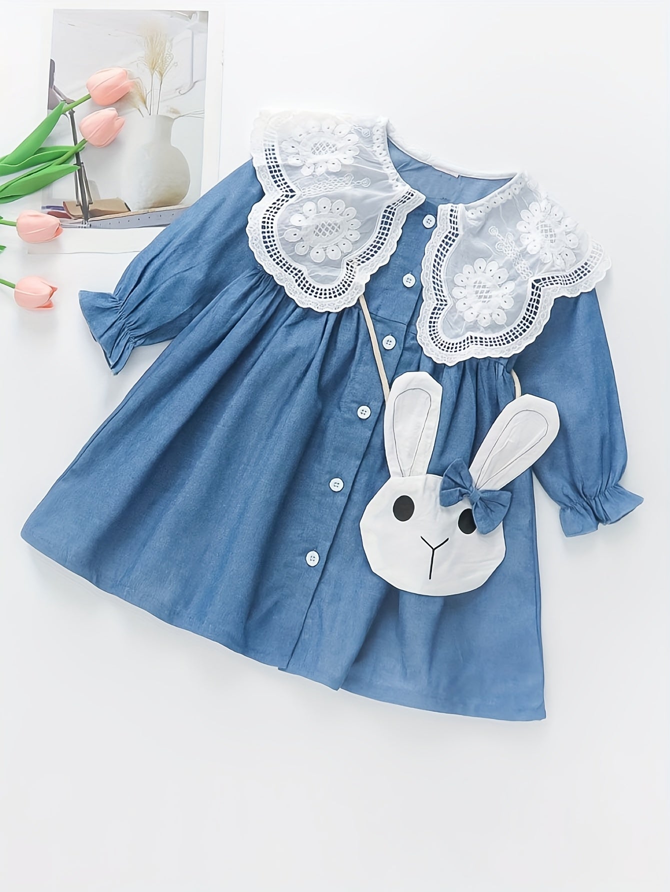 Girls' Cotton Dress with Bunny Accessory Long Sleeve Princess Style for Spring Fall
