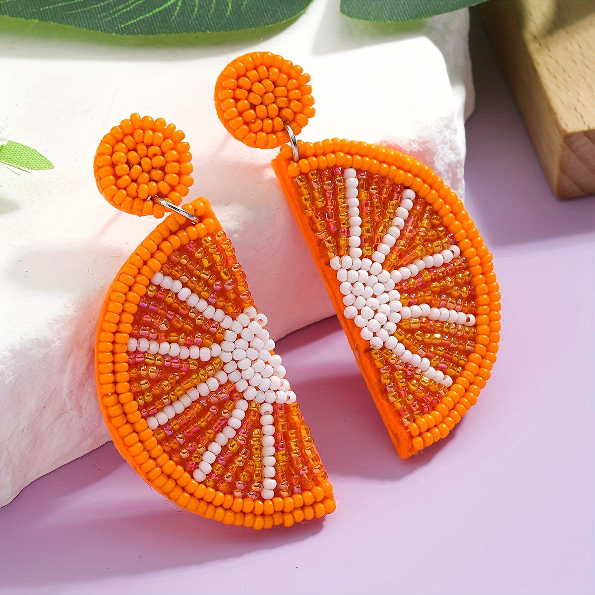 Beaded Fruit Earrings Summer Lemon Orange Boho Style Stainless Steel Posts for Women
