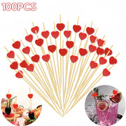 100 Pcs Red Heart Cocktail Picks Bamboo Skewers for Weddings and Parties