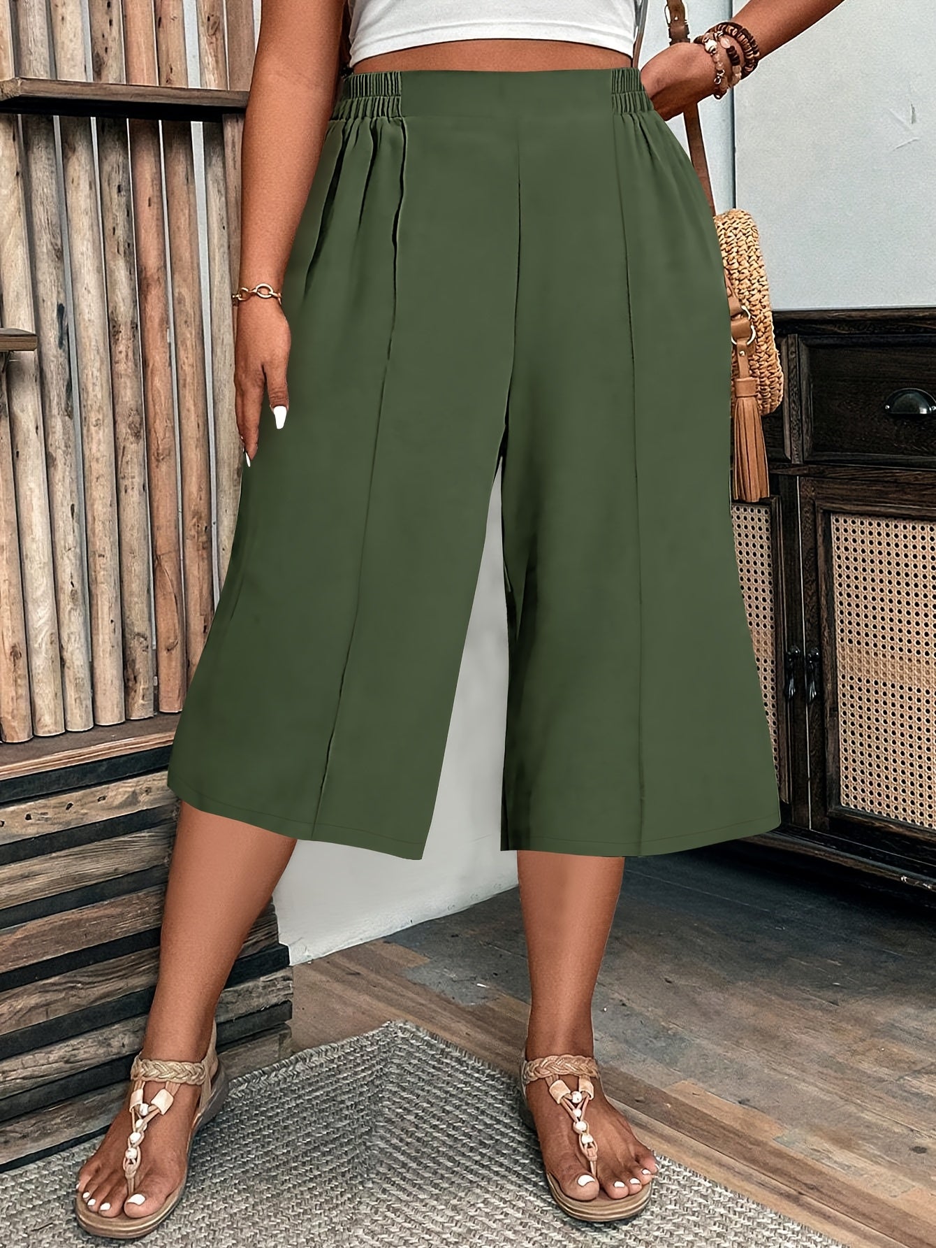 Women's Plus Size Bermuda Shorts Brown Woven Fabric Elastic Waist Straight Fit Summer Casual