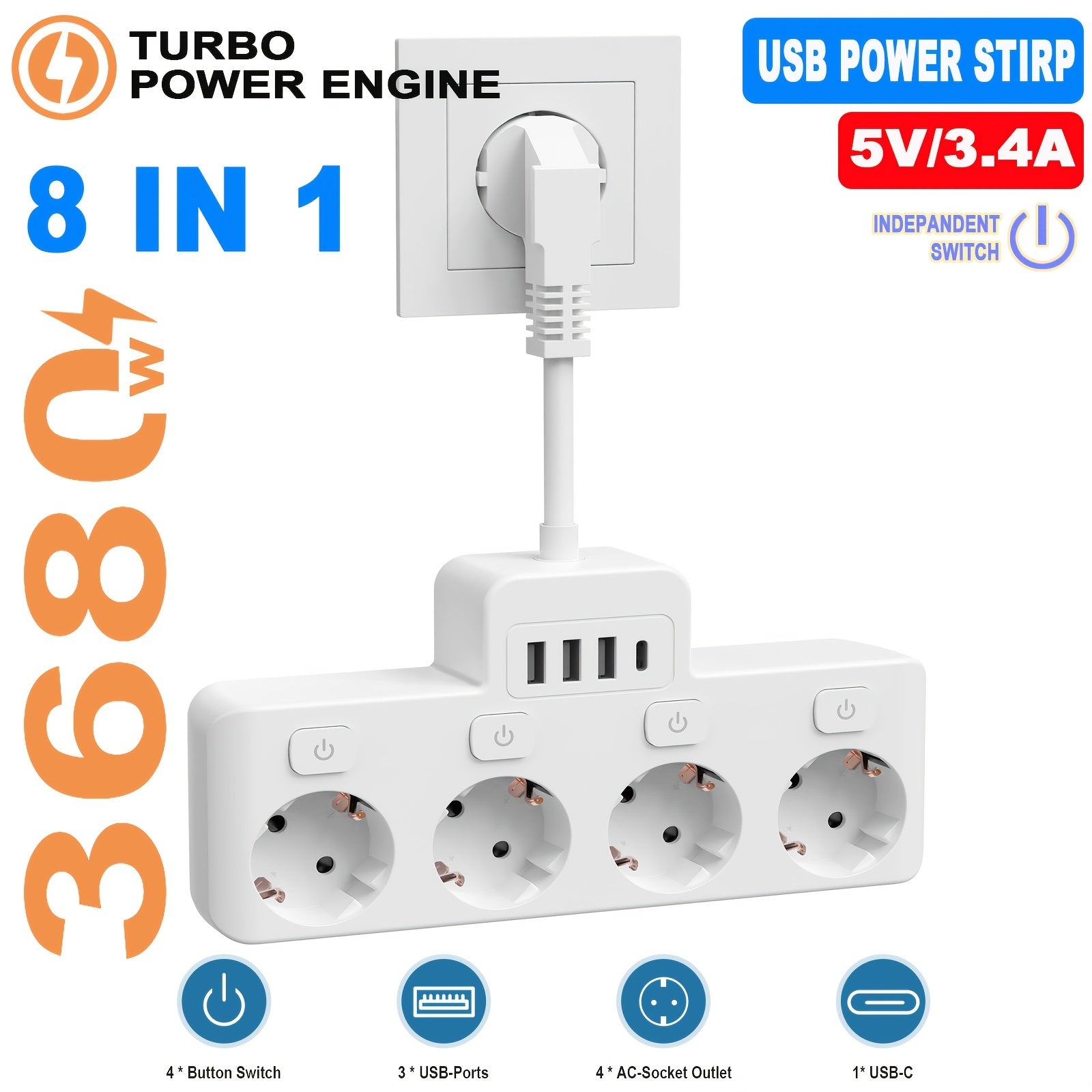 Power Strip with 4 AC Outlets and 4 USB Ports, Individual Switches, Short Cord