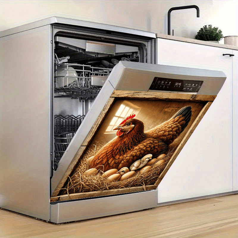 Mamlakat Hen and Chicks Dishwasher Magnet Cover Waterproof PVC Barnyard Egg Scene Kitchen Decor 58.5x65 cm
