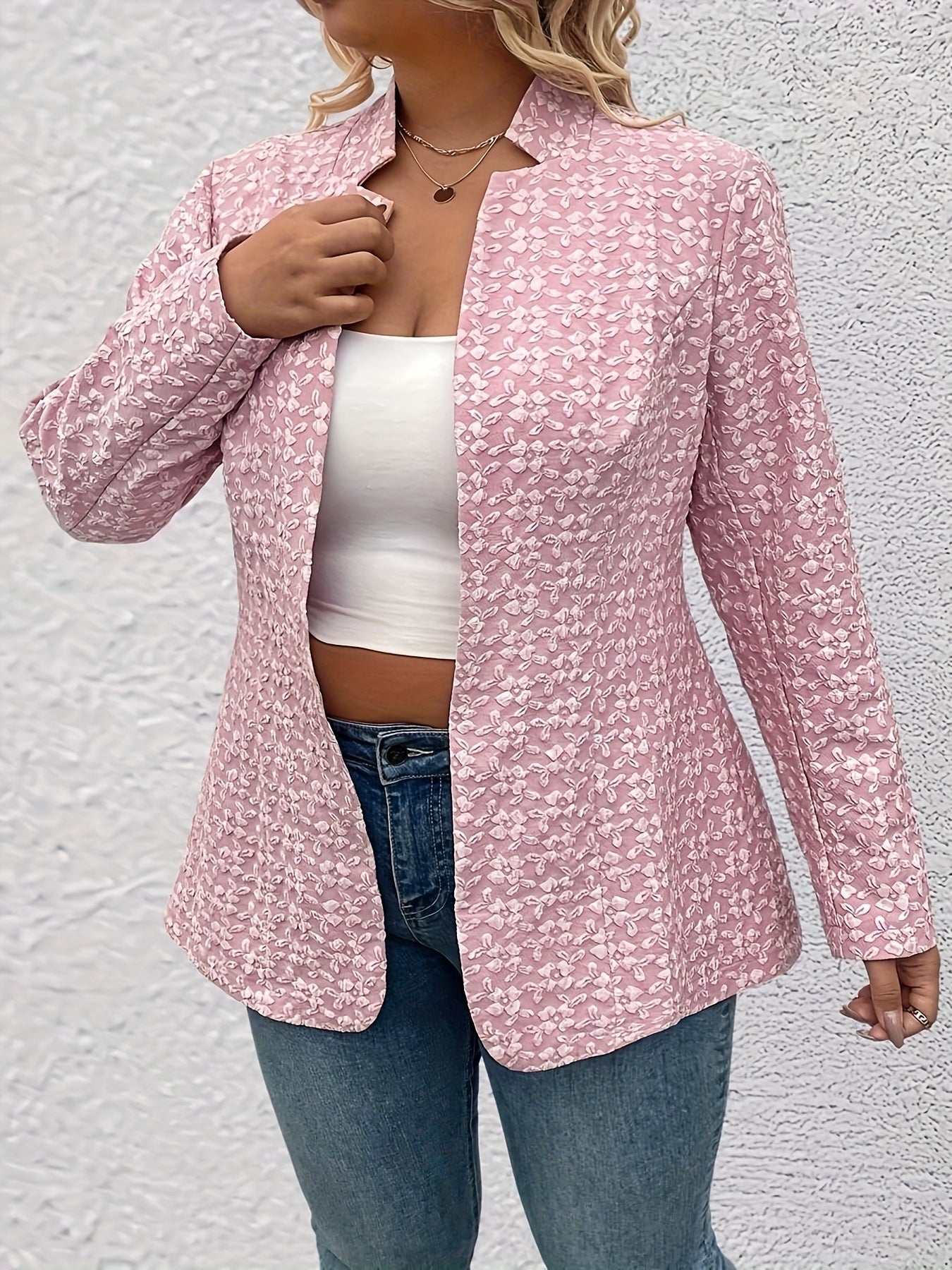 Plus Size Women's Pink Jacquard Mid-Length Blazer Long Sleeve Solid Color