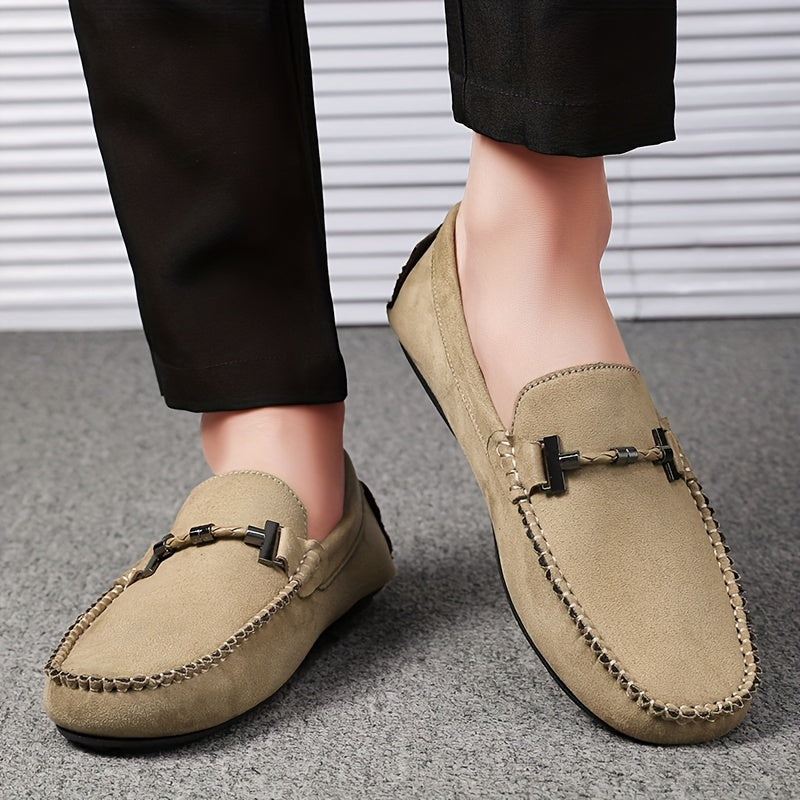 Men's Leather Loafers with Metal Accent Casual Slip-On Shoes for Street Wear