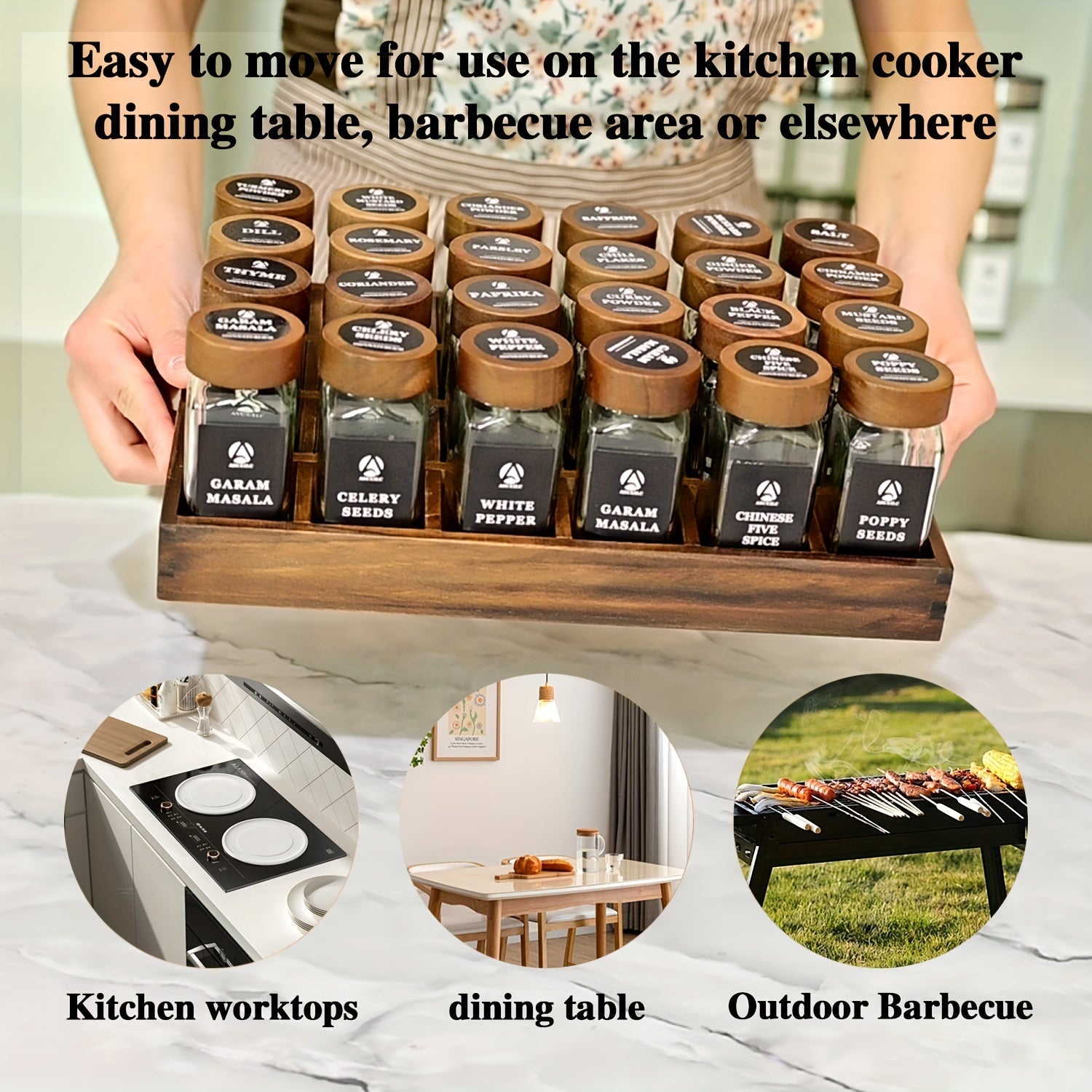24-Piece Sandalwood Spice Rack Set with Glass Jars and Waterproof Labels