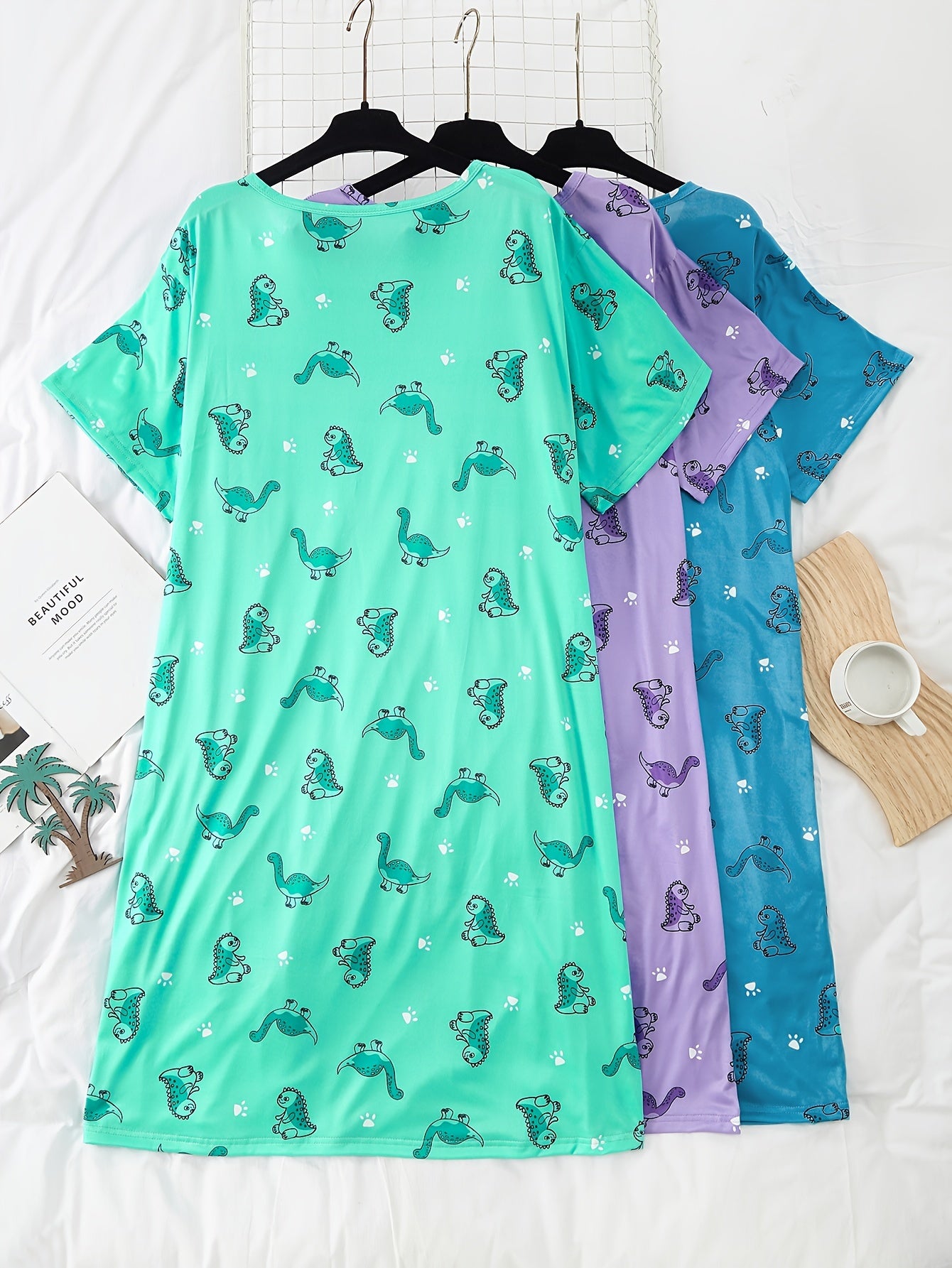 Women's Plus Size Cartoon Dinosaur Short Sleeve Sleep Dress