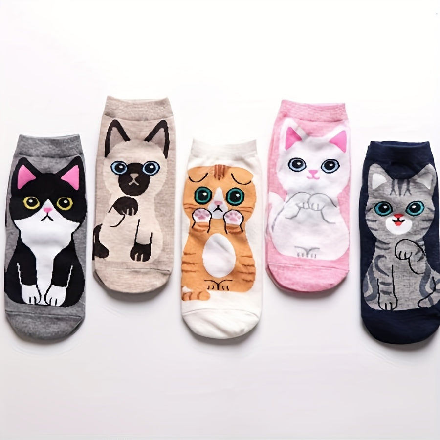 Women's Cartoon Cat Print Ankle Socks Set of 5 Breathable Knit Fabric Hosiery