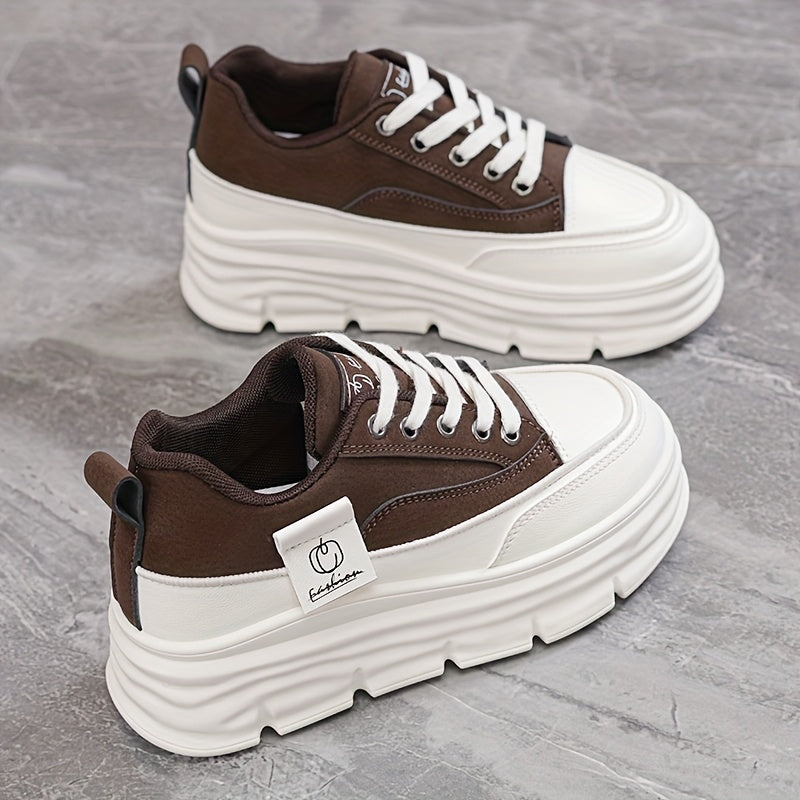 Women's Casual Platform Sneakers White Brown Comfort Low Tops Rubber Sole