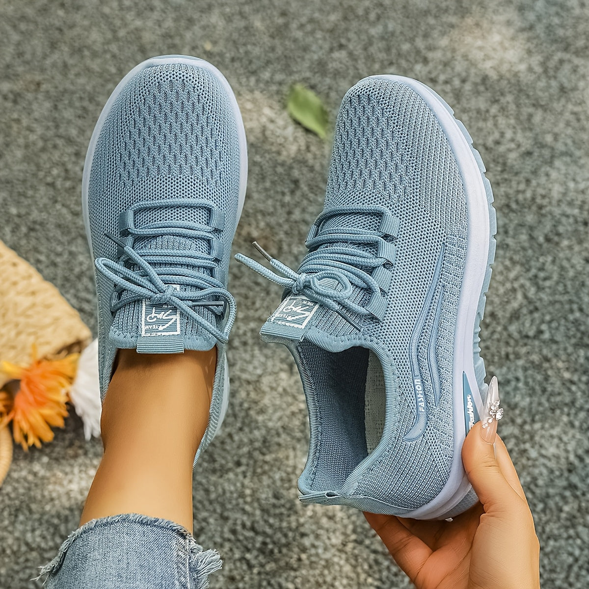 Women’s Light Blue Knit Sneakers with White Sole, Breathable Casual Shoes