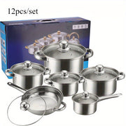 Set of 12 Stainless Steel Cookware Pieces with Glass Lids for Gas Stoves