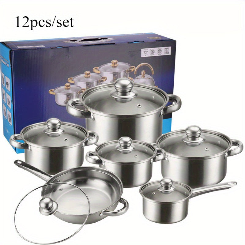 Set of 12 Stainless Steel Cookware Pieces with Glass Lids for Gas Stoves