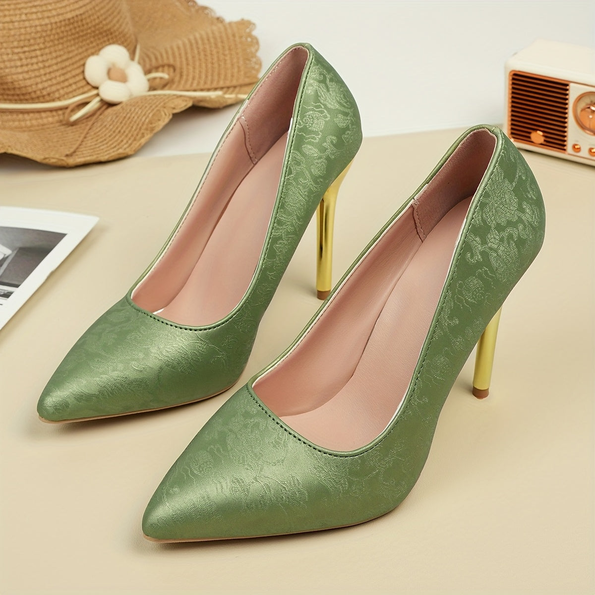 Women's Black Floral Embossed Pointed Toe High Heels with Gold Accents