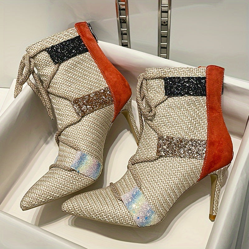 Women's Ankle Boots Glitter Accents Striped Fabric Stiletto Heels