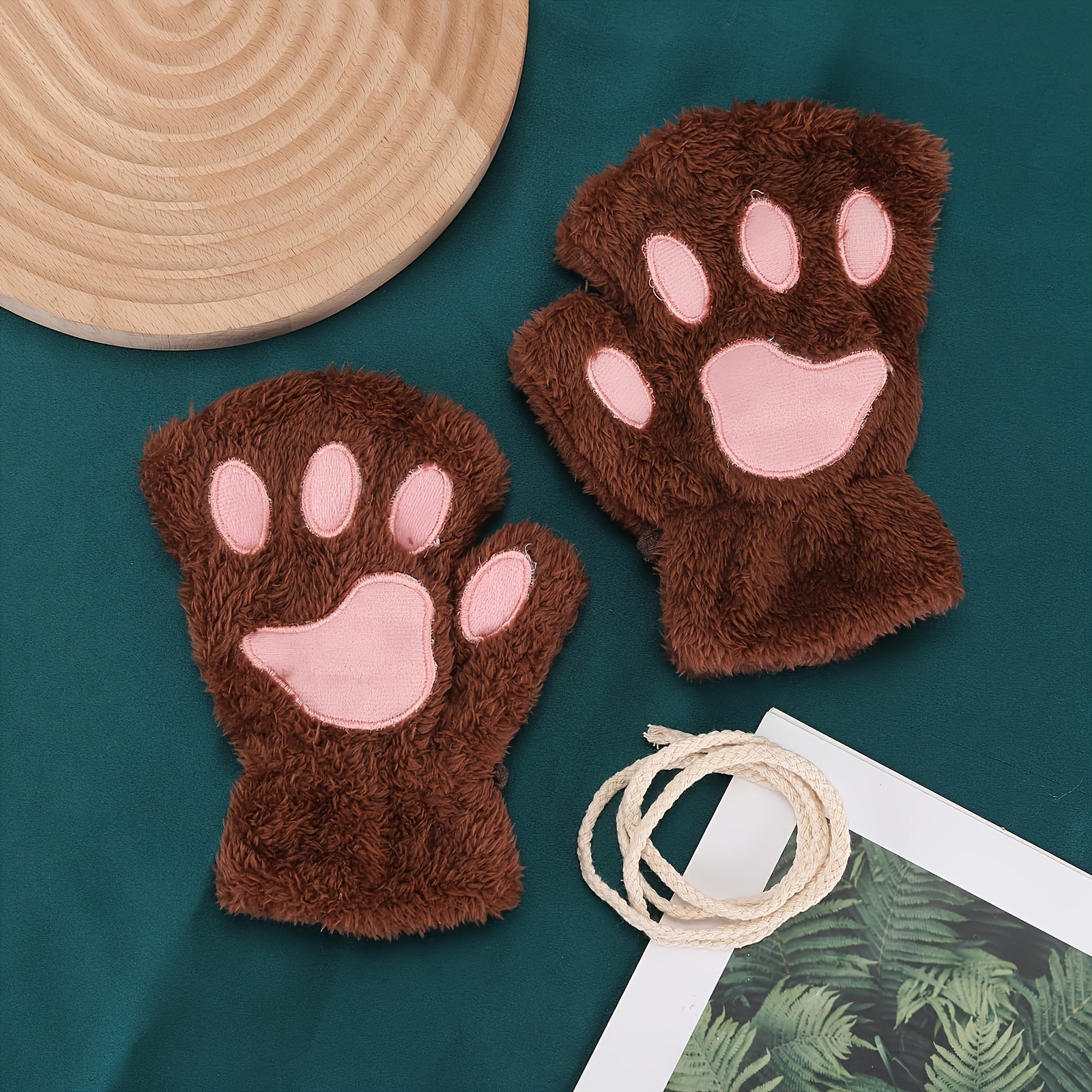 Kawaii Cat Paw Plush Gloves for Women Warm Fleece Half Finger Winter Autumn