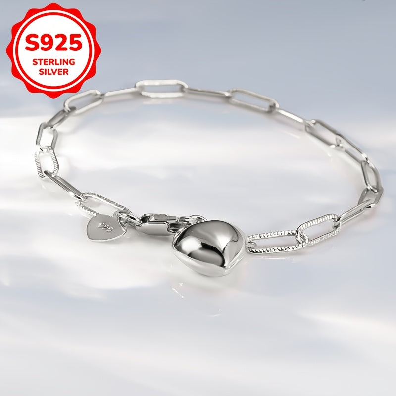 Silver Heart Pendant Rectangular Safety Pin Chain Bracelet for Women