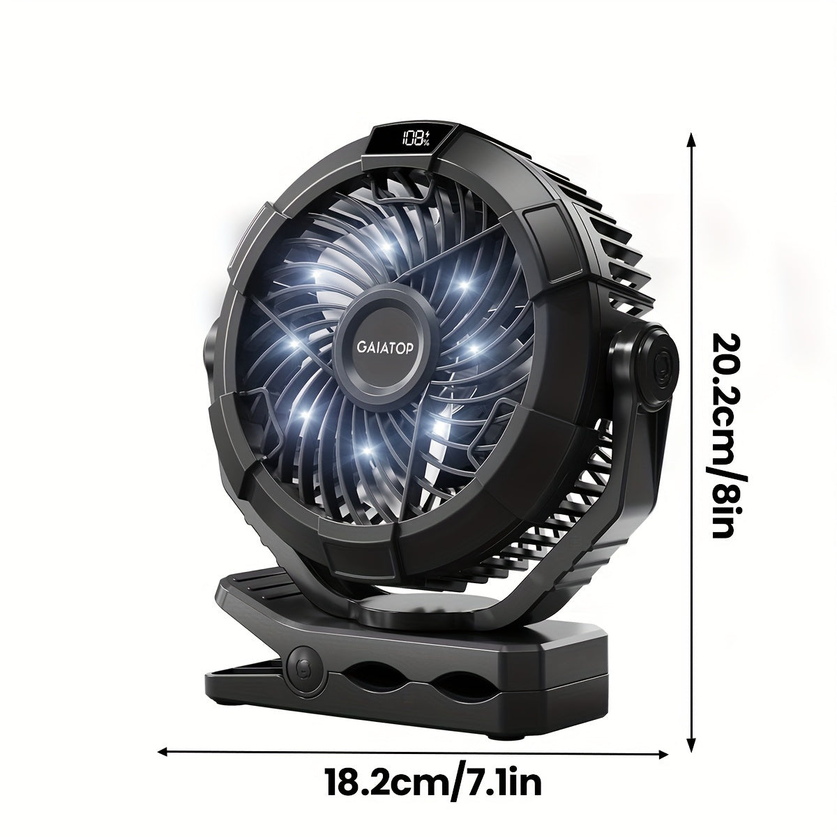 Rechargeable Portable Camping Fan with LED Lights, 360° Rotation, Clip-On