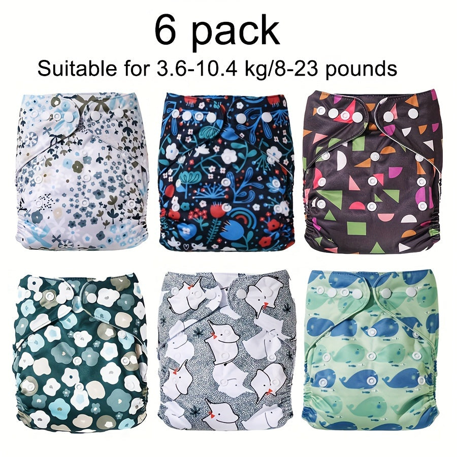 6-Pack Reusable Cloth Diapers for Babies Adjustable Washable Polyester Covers Variety of Patterns