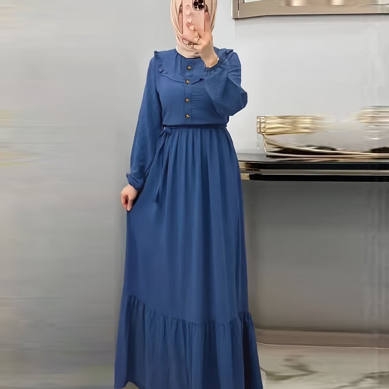 Элегантное бордовое макси-платье для мусульманских женщин с длинными рукавами, на пуговицах, однотонное, из полиэстера и спандекса, повседневное