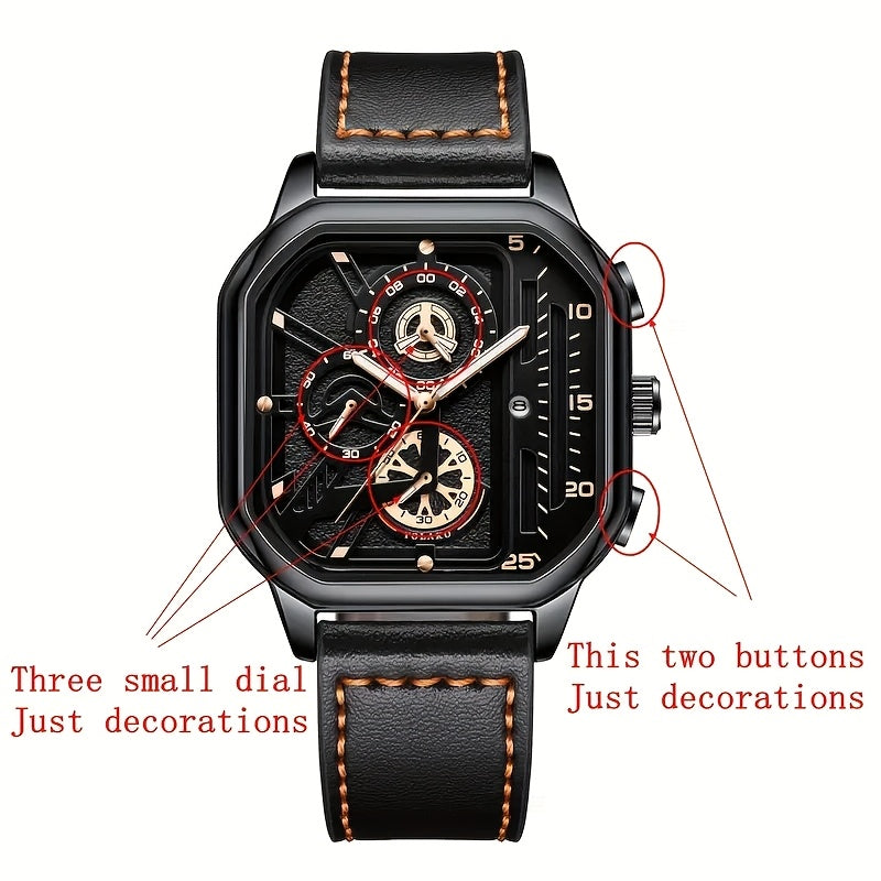 Men's Vintage Square Dial Chronograph Watch with Faux Leather Strap Quartz Movement Calendar