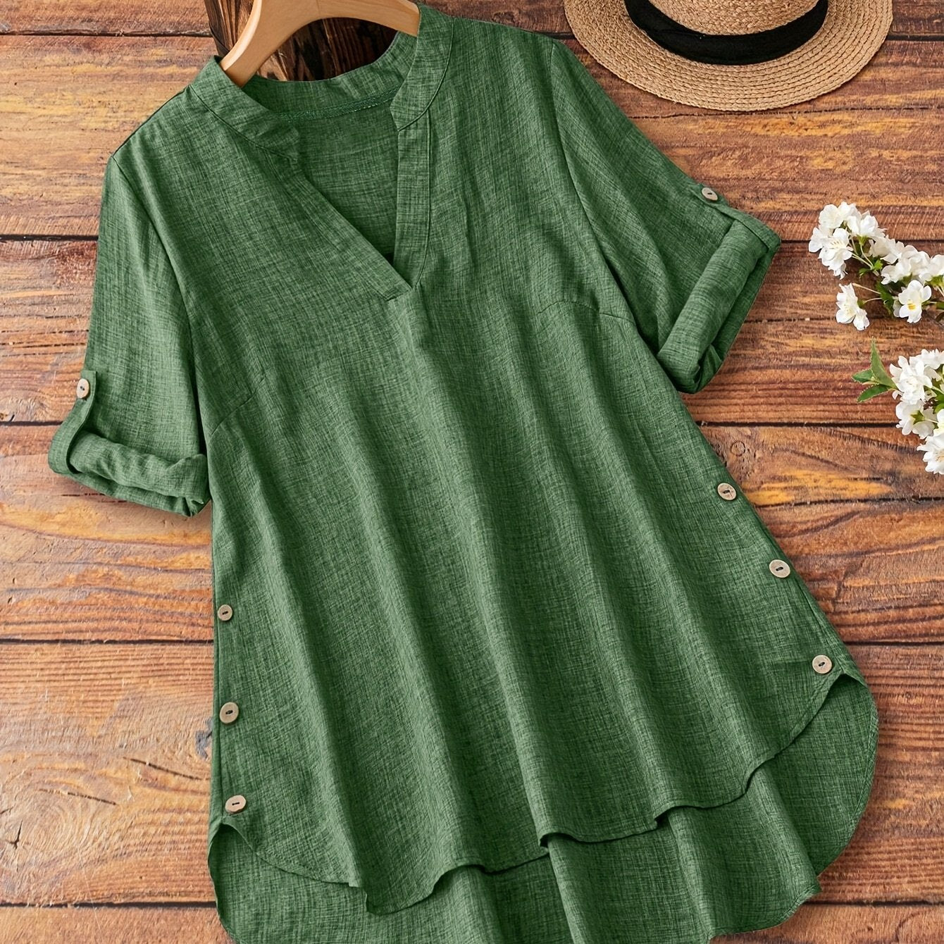 Casual Polyester V-Neck Shirt with Half Sleeves and Asymmetrical Hem