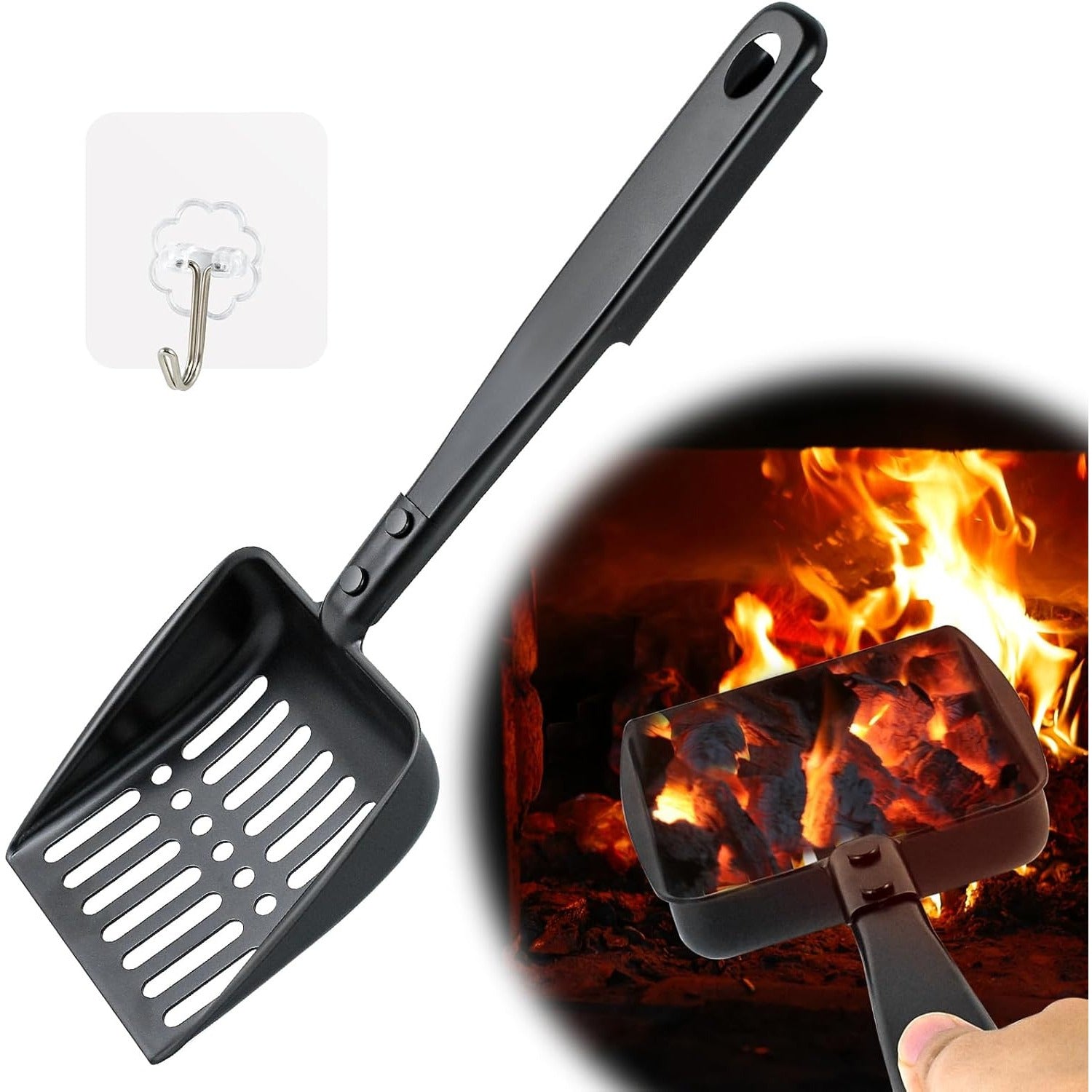 Black 13-Inch Metal Fireplace Ash Scoop with Self-Adhesive Hook for Indoor Wood Stove