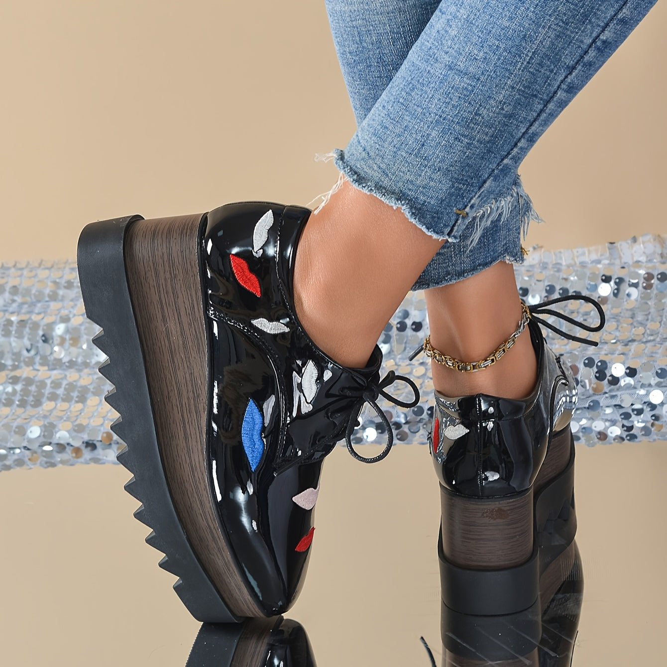 Women's Punk Platform Mary Jane Shoes Black Faux Leather Chunky Heel Lace-Up All-Season Sneakers