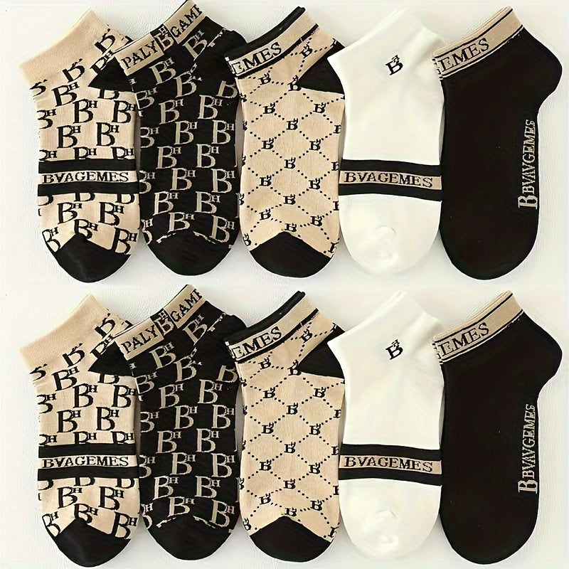 Men's Ankle Socks 10 Pairs Letter Pattern Breathable Polyester Blend Low-Cut