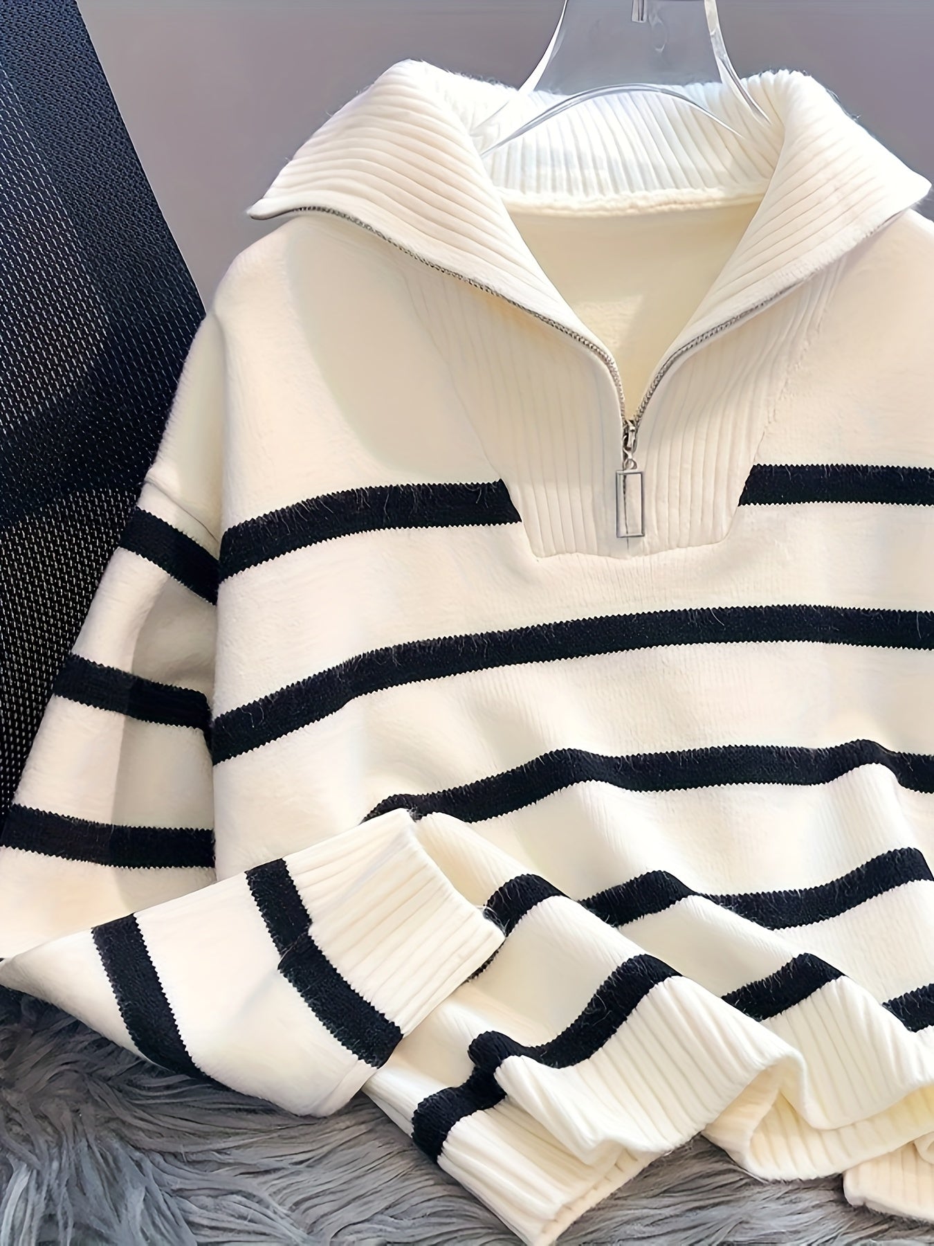 Women's Striped Zip-Up Sweater with High Neck, Long Sleeves, Spring Fall Casual Knit