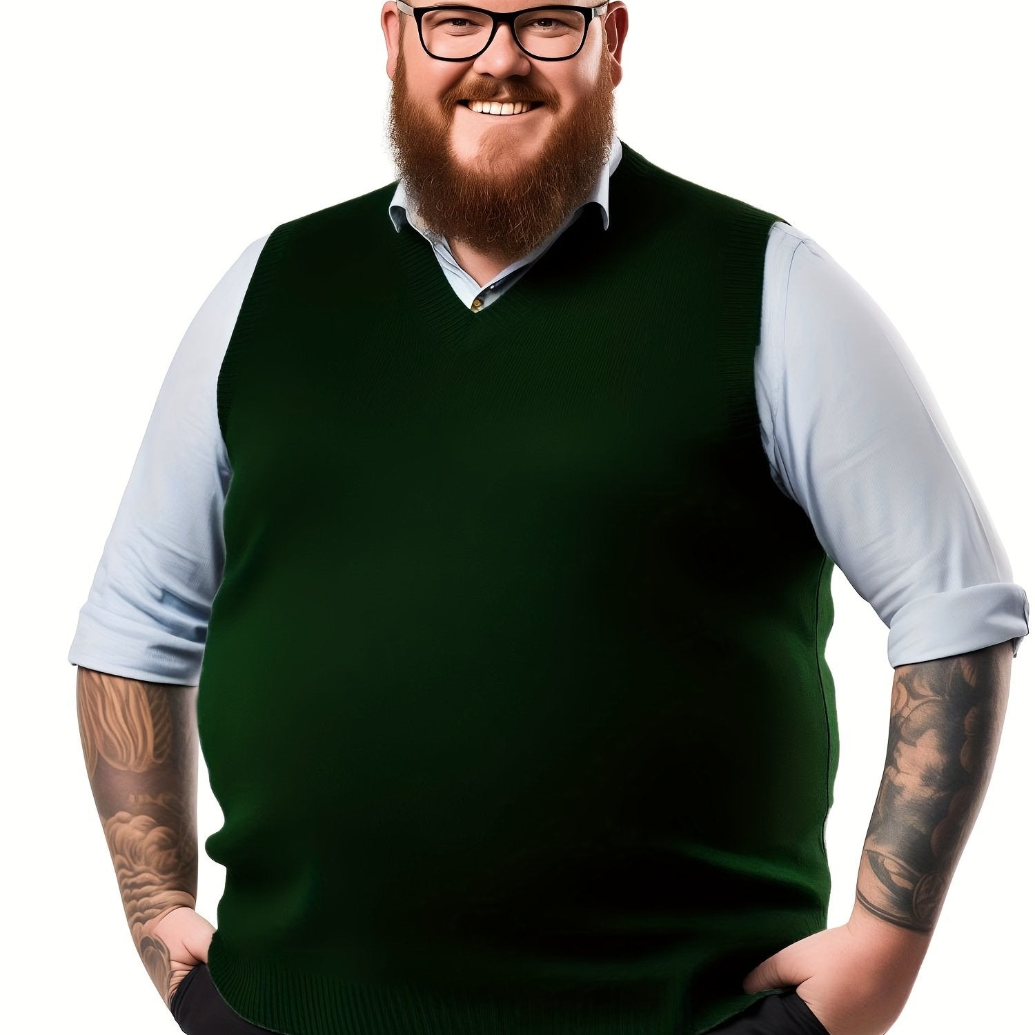 Erkaklar uchun Katta O'lchamdagi Yengsiz Trikotaj Sviter Vest, Qora Yashil rangda, V-shaklidagi detali bilan. Golf va Ofis Kafesi uchun ideal, Mashinada yuvish mumkin, Zamonaviy Chiziqli Qo'ltiq joylari, mustahkam Spandexdan tayyorlangan.