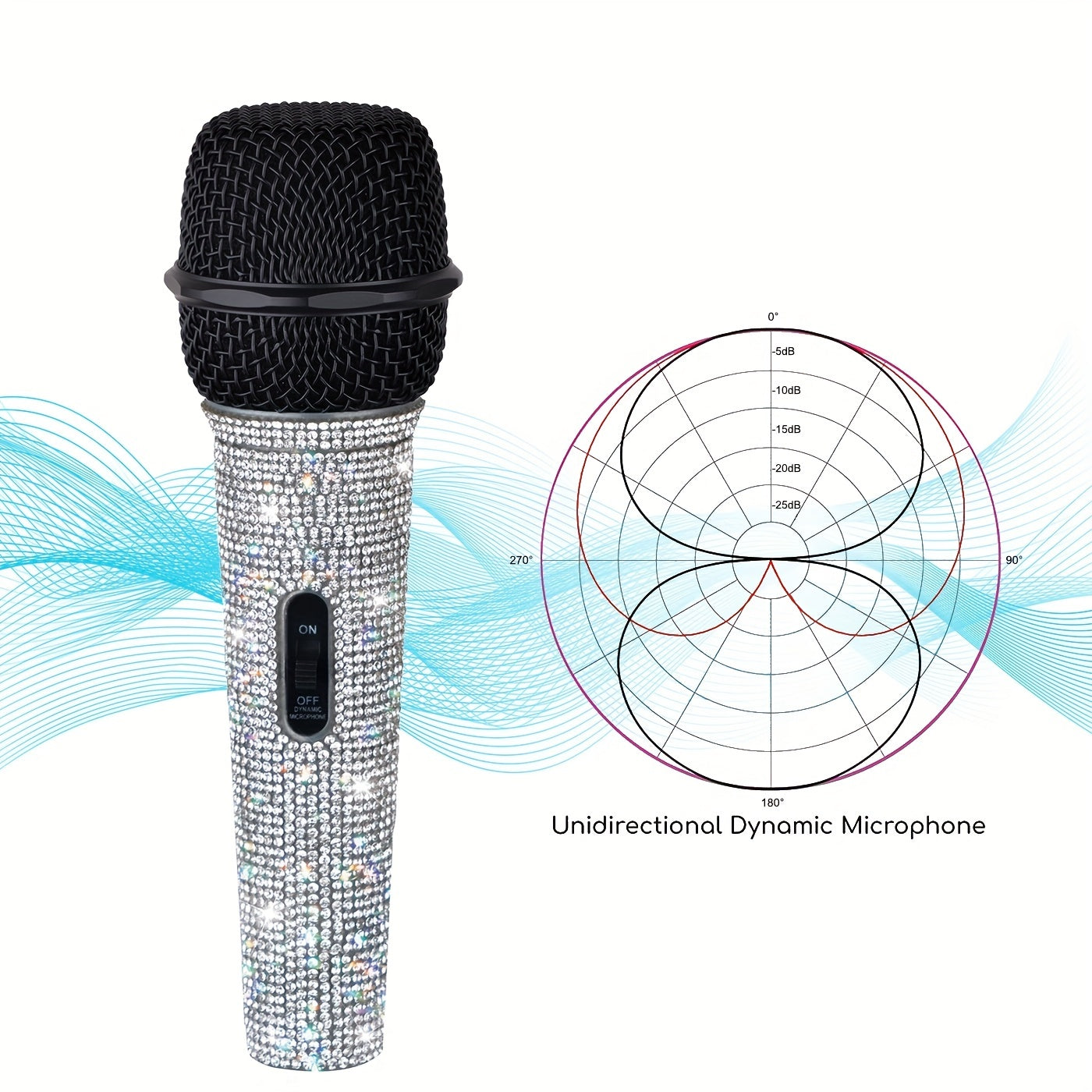 Metal Handheld Microphone with Rhinestones for Singing 6.35mm Jack Cable Included