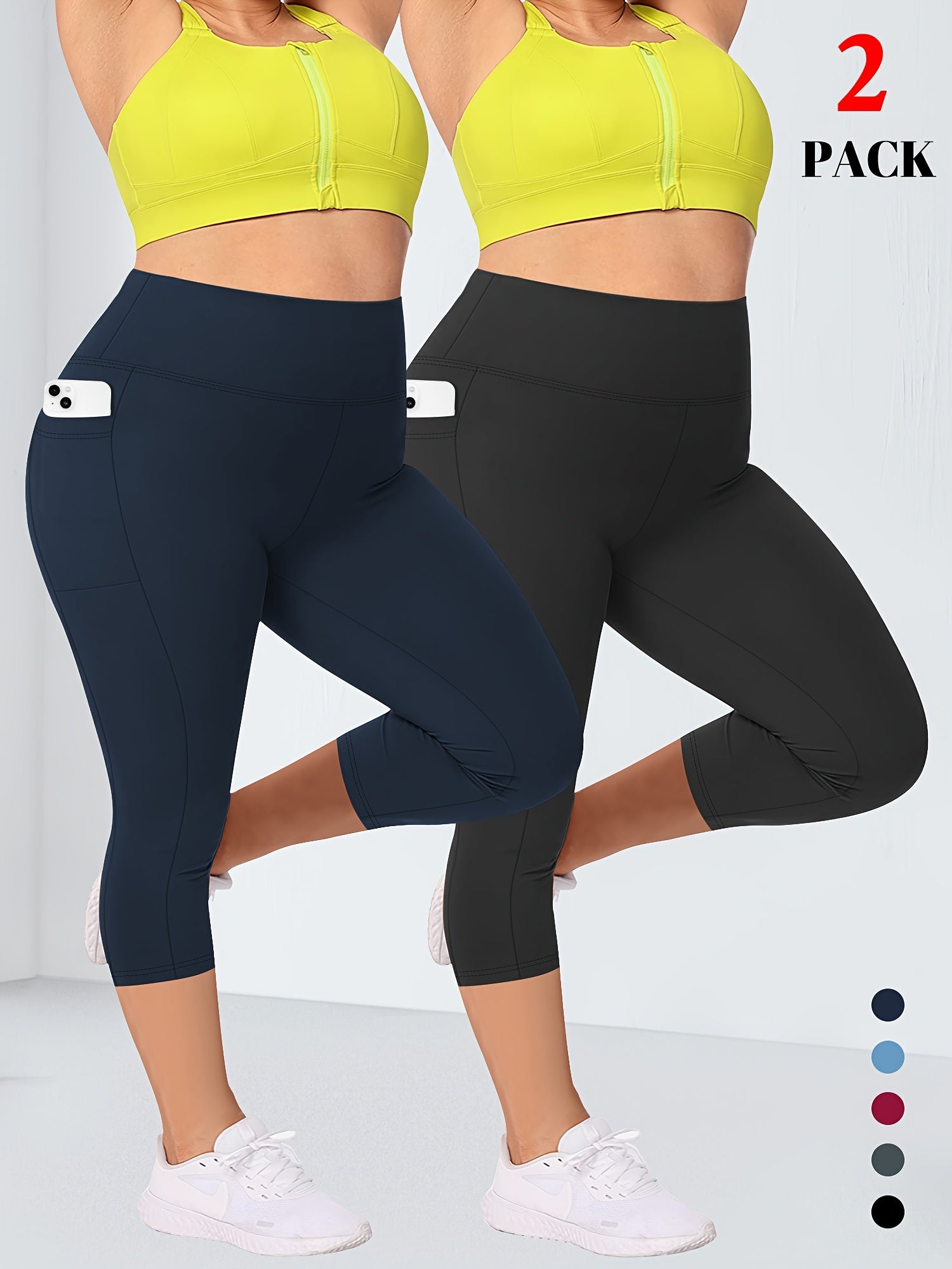 Pack de 2 leggings de cintura alta para mujer talla grande con bolsillos, elásticos, azul y negro