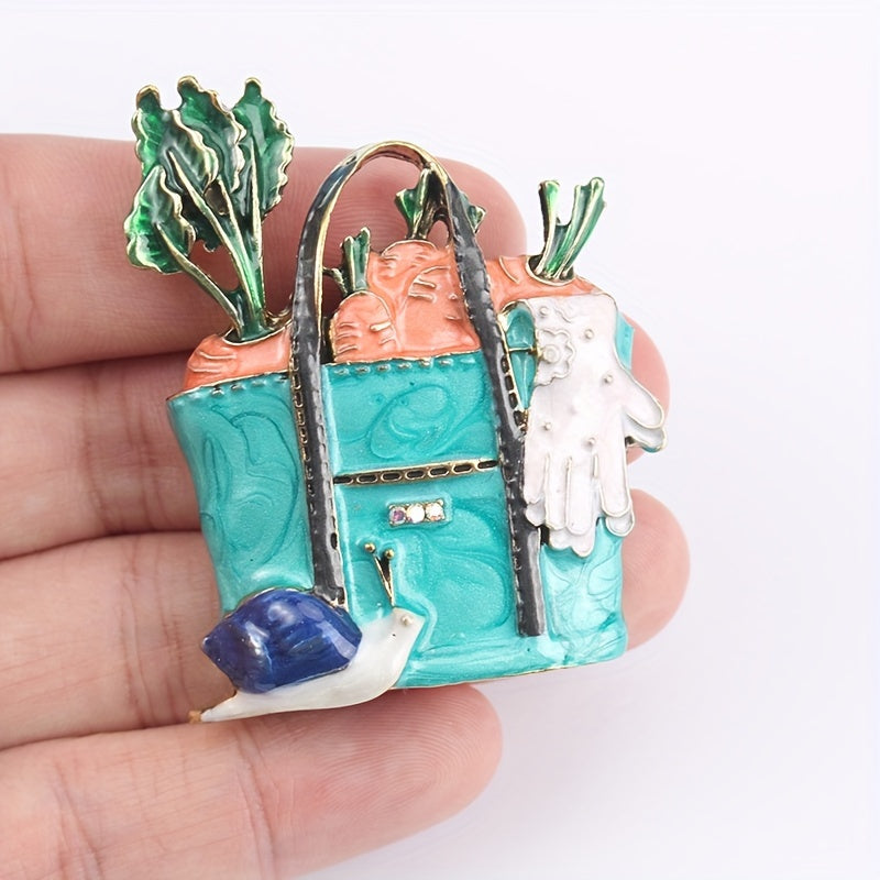 Vintage Enamel Carrot and Snail Brooch Pin Garden Theme Fashion Accessory for Coats Bags