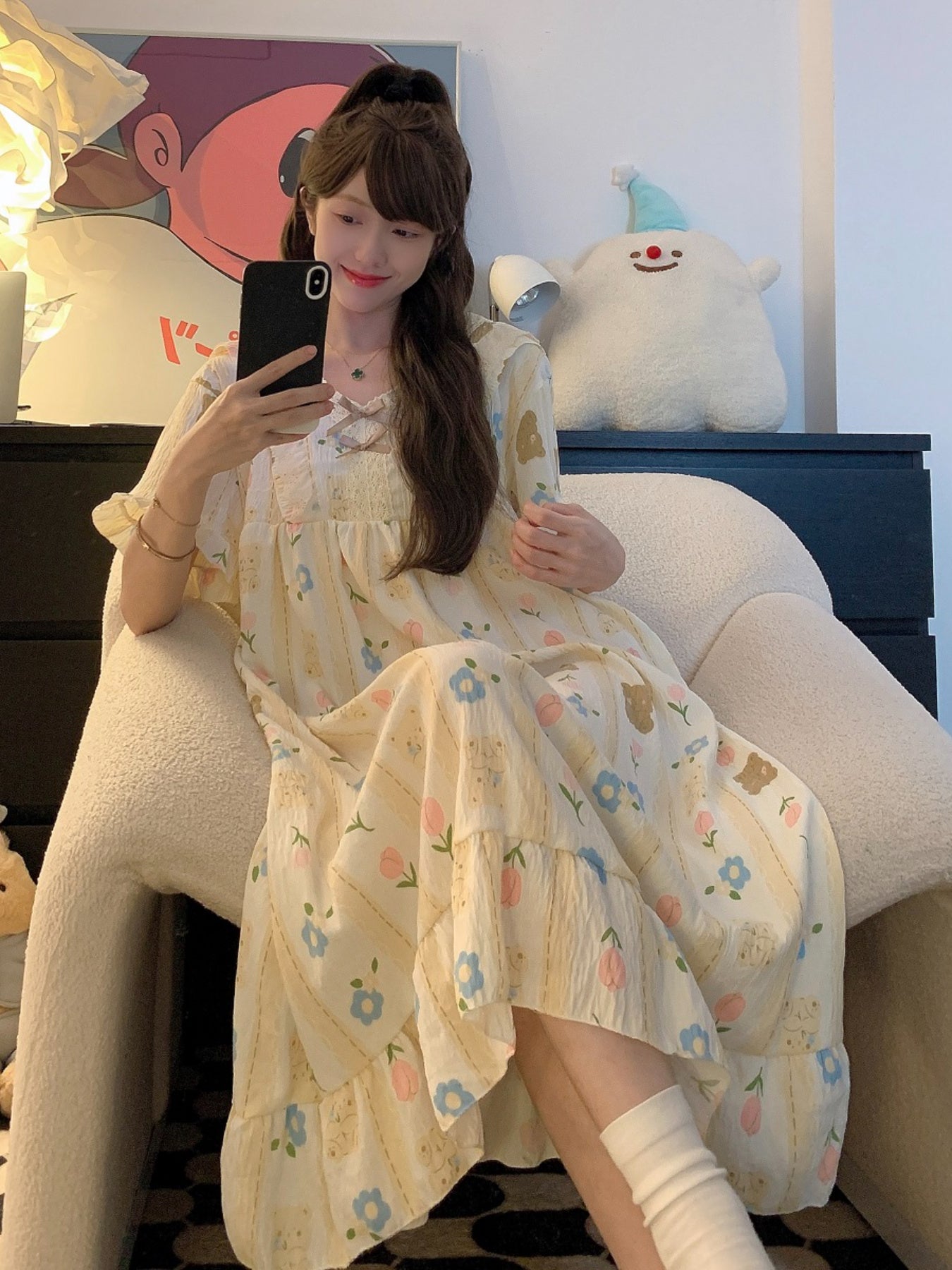 Plus Size Slit-Fit Nightgown with V-Neck Cotton Pajama with Bear Print