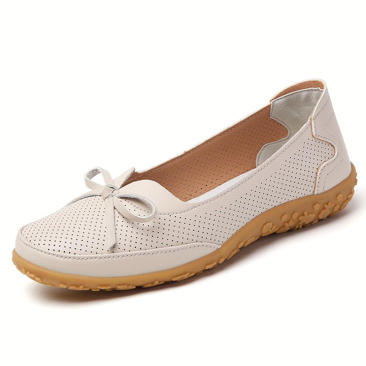 Women's White Slip-On Flats with Bow, Ventilation Holes, Comfortable Sole