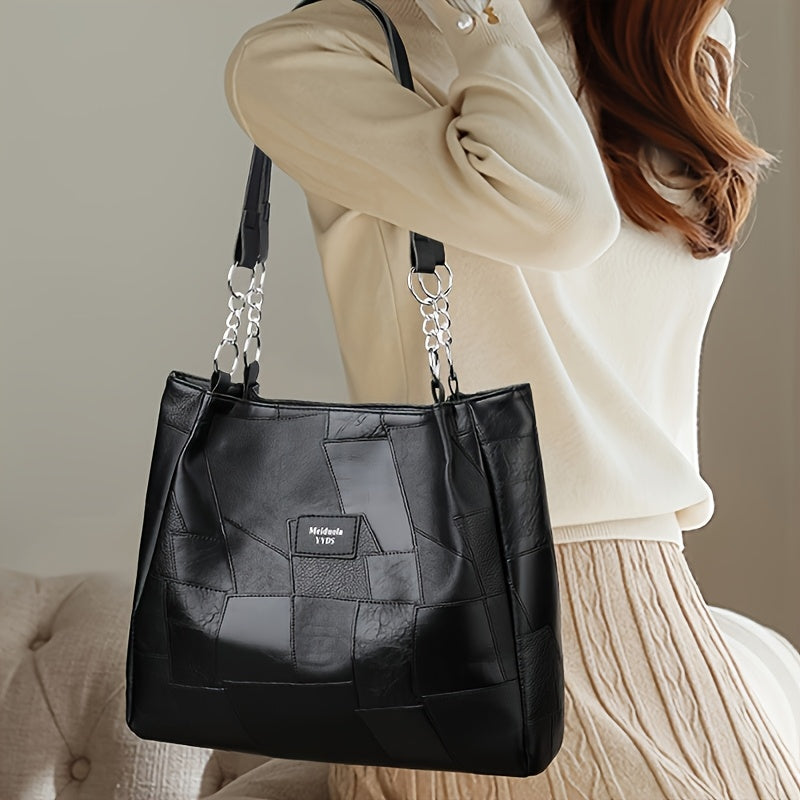 Black Quilted Faux Leather Tote Bag with Chain Strap for Travel and Shopping