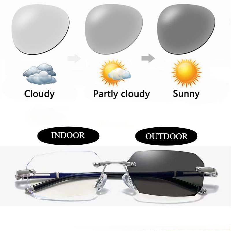 VIGO TR90 Fotochromik O'qish Ko'zoynaklari, Erkaklar va Ayollar uchun Ramkasiz Shaffof Linzalar, Rang O'zgartiruvchi Presbiopiya va Miyopeya Funktsiyasi.