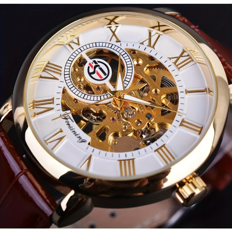 Men's Mechanical Watch with Hollow Design and Leather Strap for Young Men