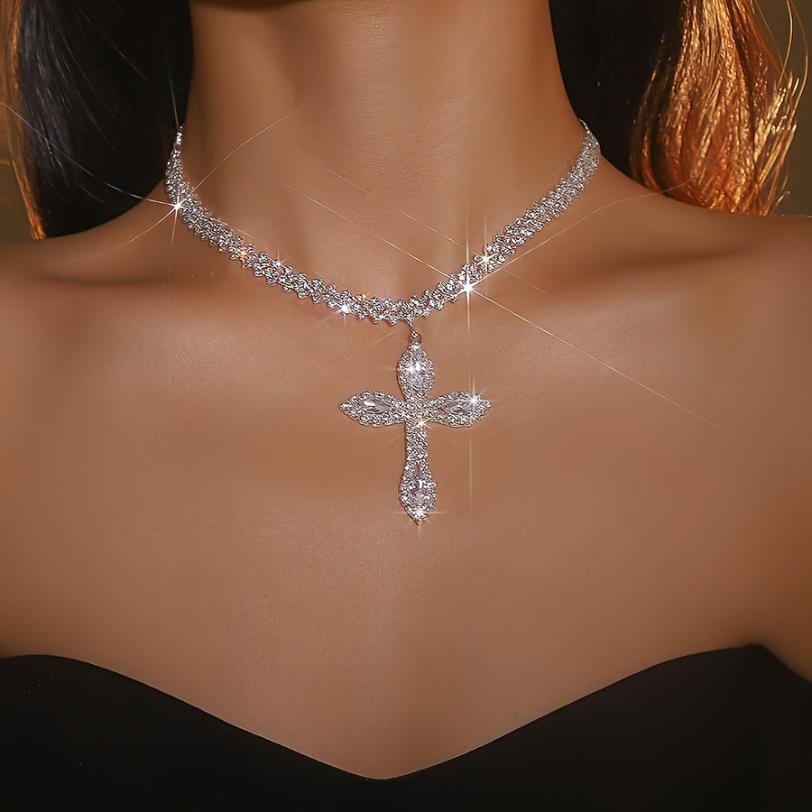 Women's Silver Rhinestone Cross Pendant Necklace Religious Jewelry
