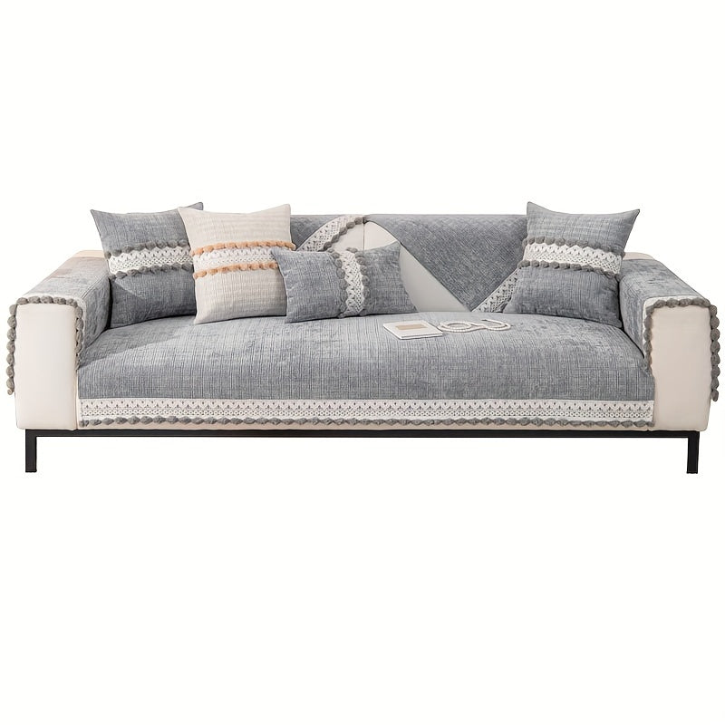 Зеленый чехол для дивана из шенилла с помпонами - водонепроницаемый и дружелюбный к домашним животным, подходит для всех размеров диванов (на 1-4 человека) - легкий в уходе, можно стирать в машине, с кисточками, идеален для любого декора комнаты