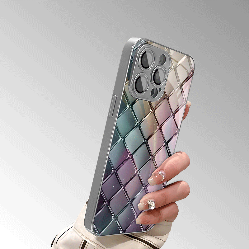 Rang-barang shisha teksturasi olmos tarmog'i naqshli telefon qobig'i, linza himoyasi bilan, iPhone modellari uchun