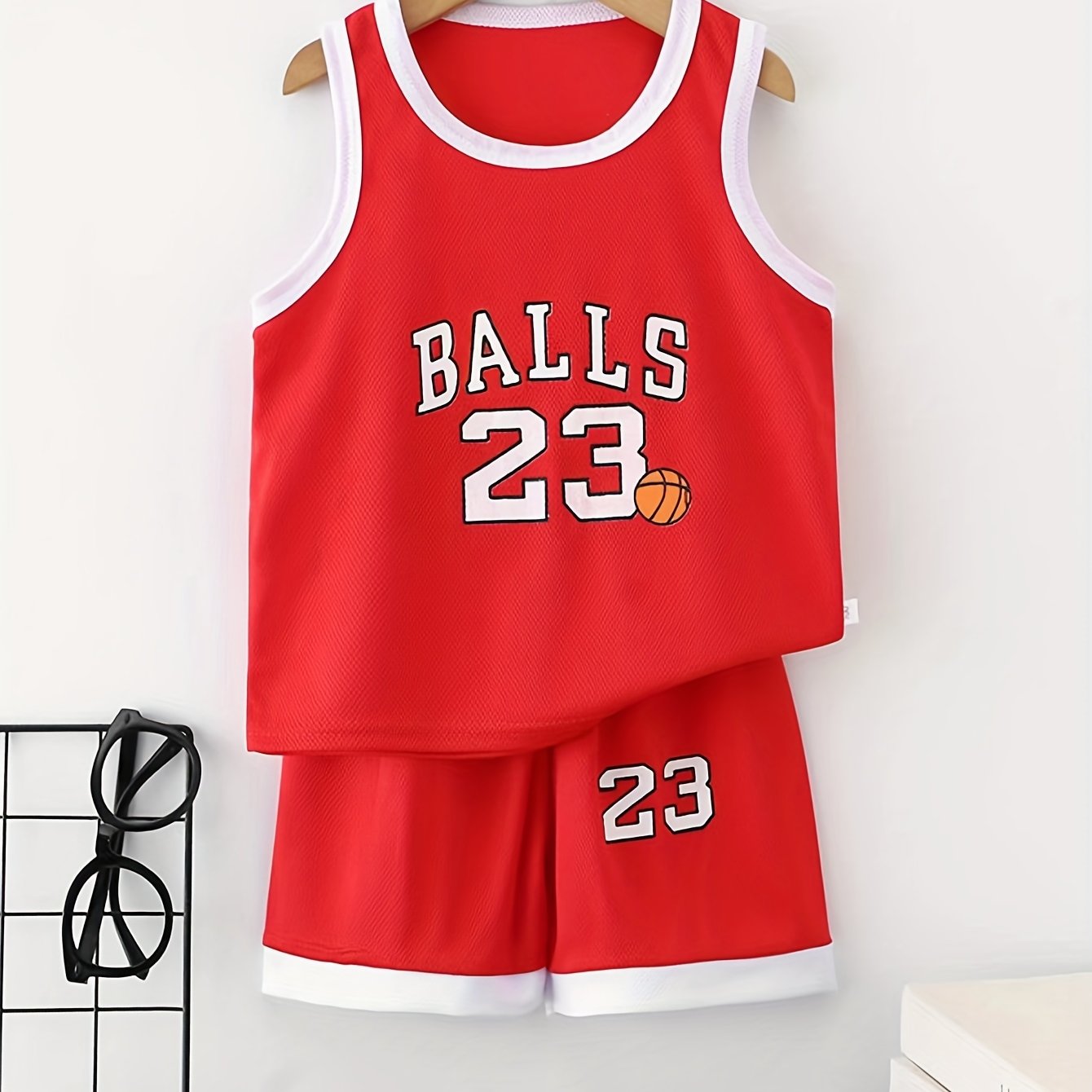 Youth Basketball Jersey and Shorts Set in Red and White 100% Polyester Sleeveless Sports Outfit