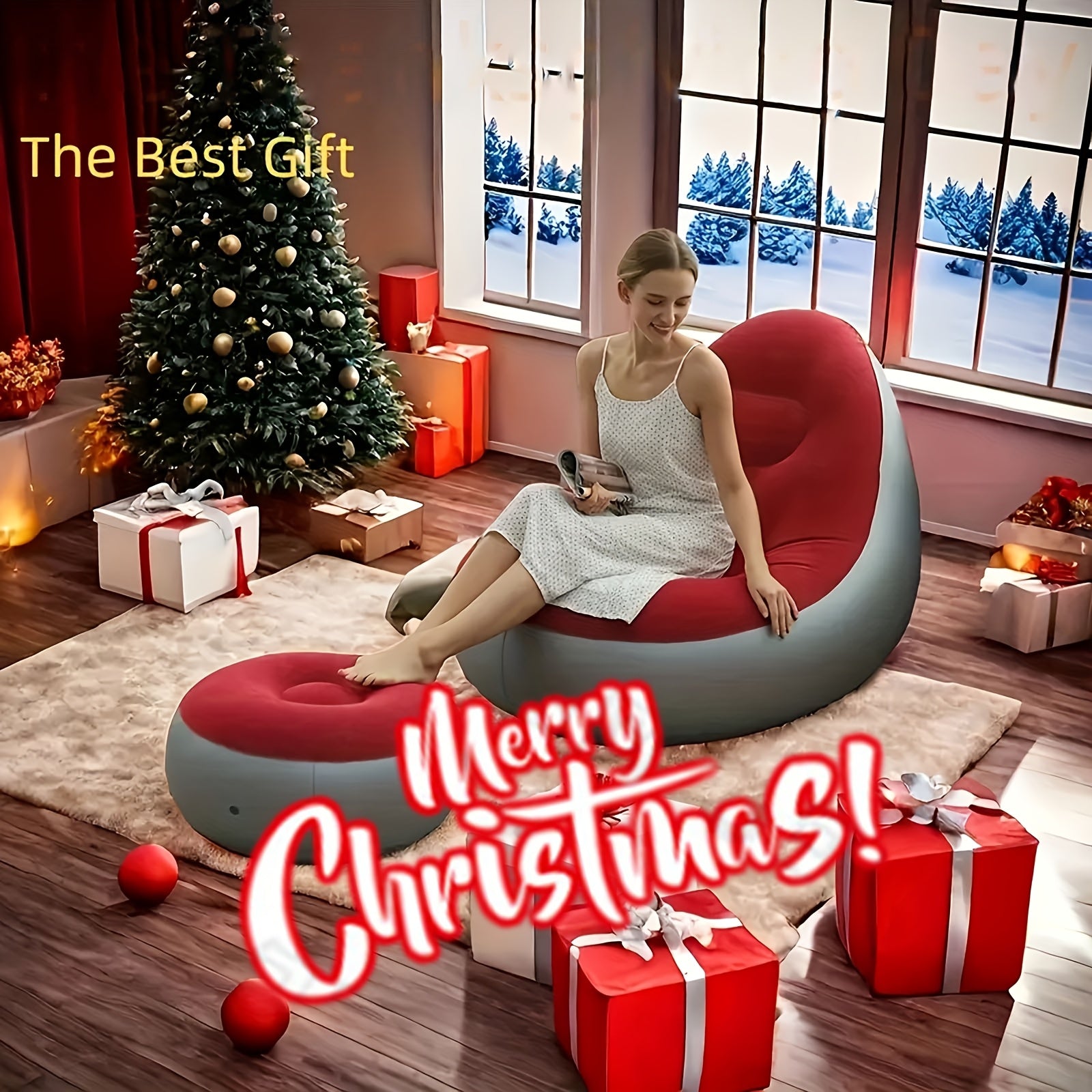 Inflatable Lounger Sofa with Footrest for Camping Hiking Sunbathing Adult PVC Stackable