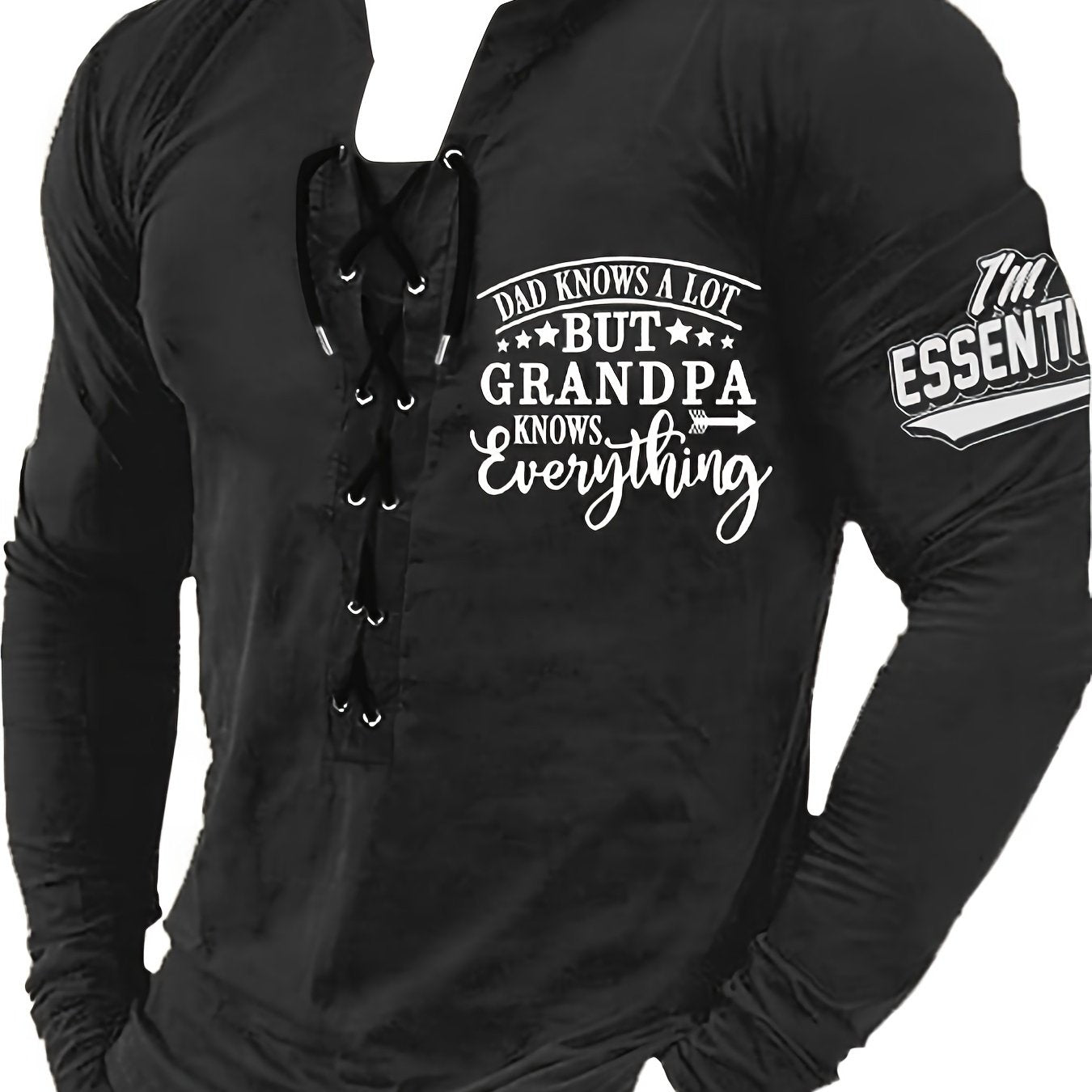 Men's Long Sleeve Henley Shirt with Letter Print and Drawstring for Spring Fall